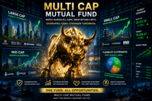 Illustration of a Multi Cap Mutual Fund featuring a golden charging bull, digital stock market screens, financial data streams, green upward arrows, and representations of large-cap, mid-cap, and small-cap investments symbolizing diversified wealth creation.