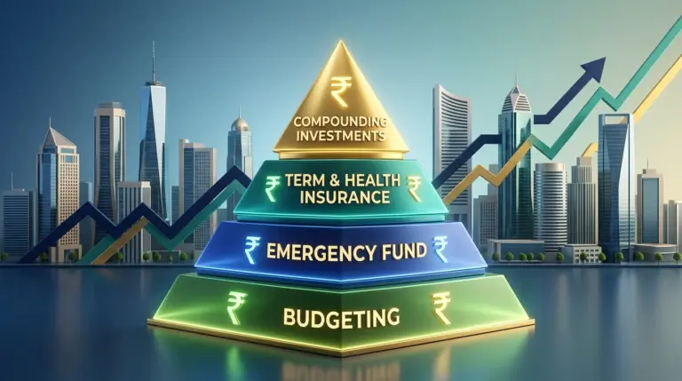 Financial literacy in India guide featuring the personal finance hierarchy pyramid of budgeting, emergency fund, insurance, and compounding investments
